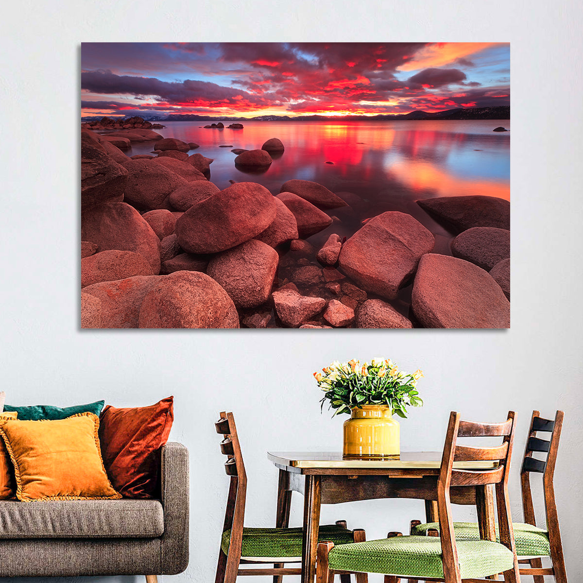 Lake Tahoe Sunset Reflection Wall Art in a room, landscape