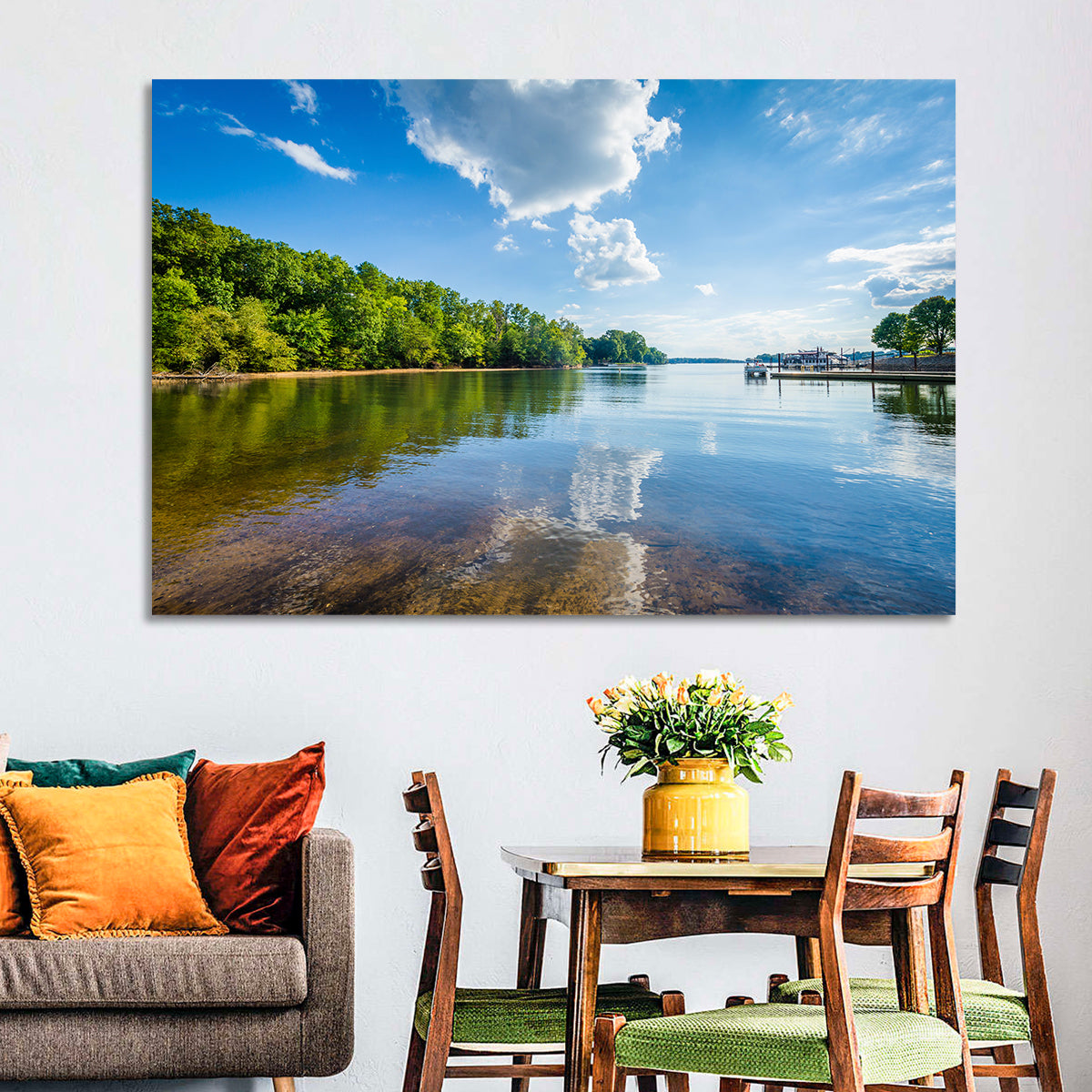 Lake Norman Dockside Reflection Wall Art in a room, landscape