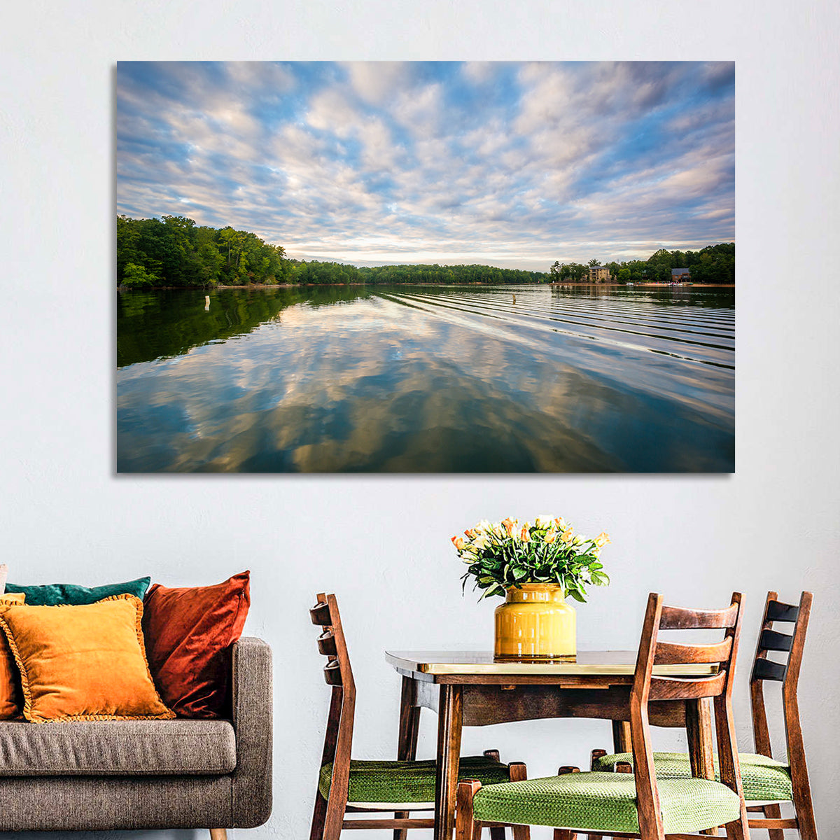 Cloudy Lake Norman Landscape Wall Art in a room, landscape