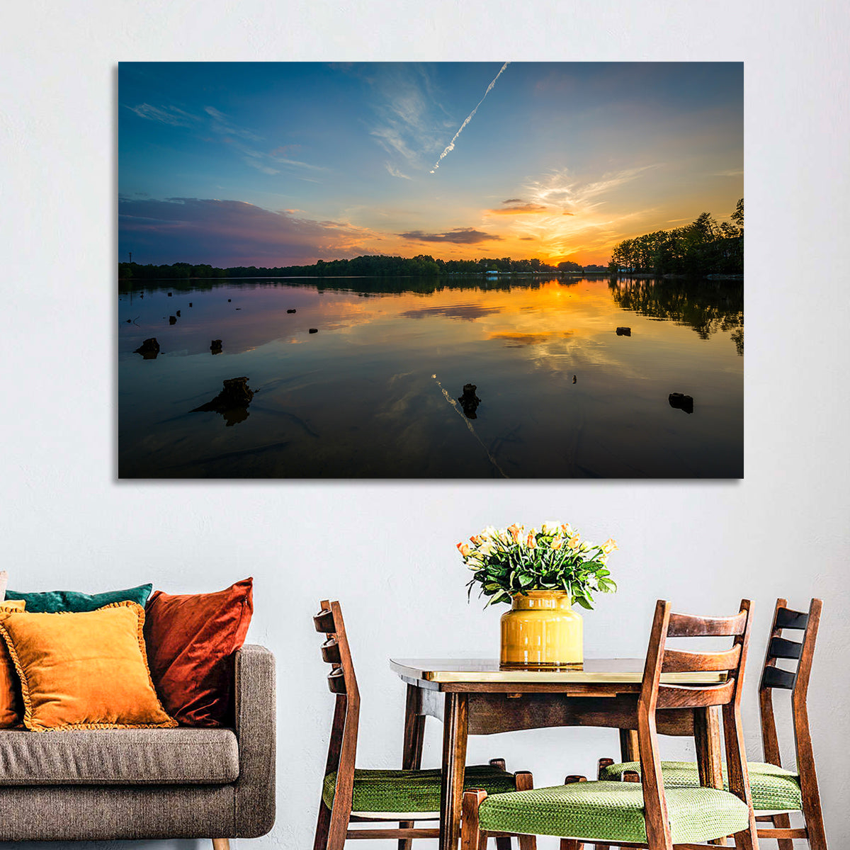 Lake Norman Sunset Reflection Wall Art in a room, landscape