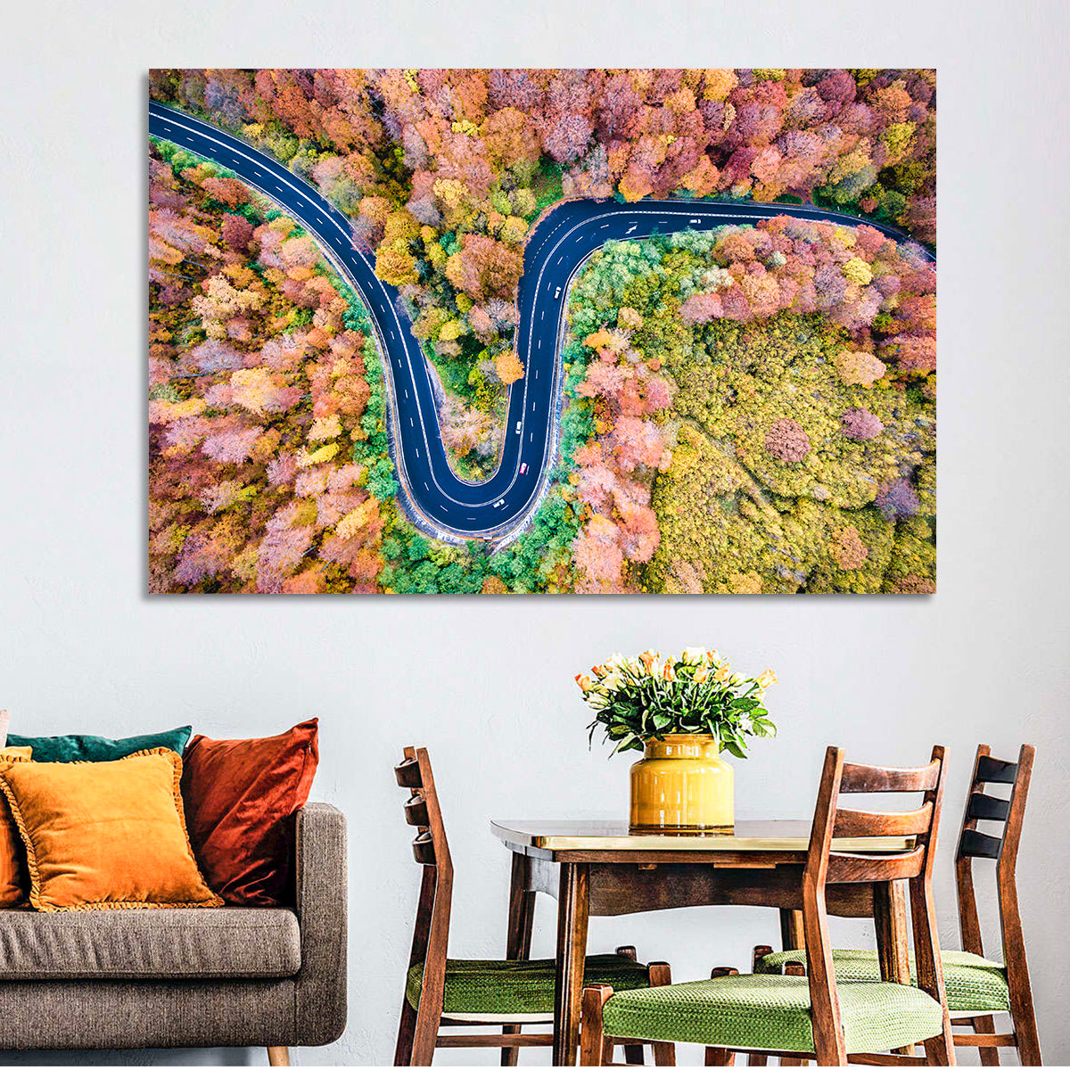 Winding Forest Road Wall Art in a room, landscape