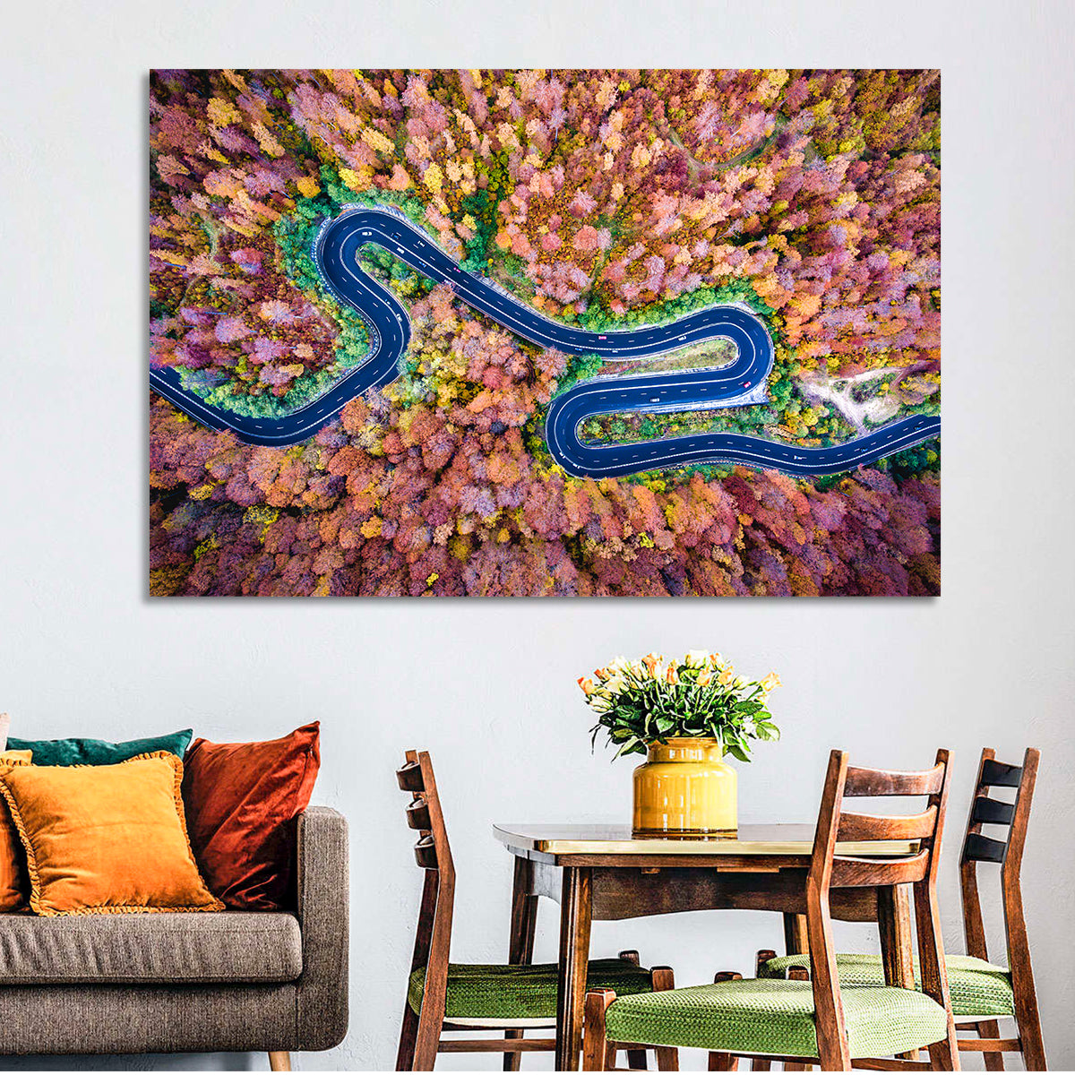 Aerial Winding Road Wall Art in a room, landscape