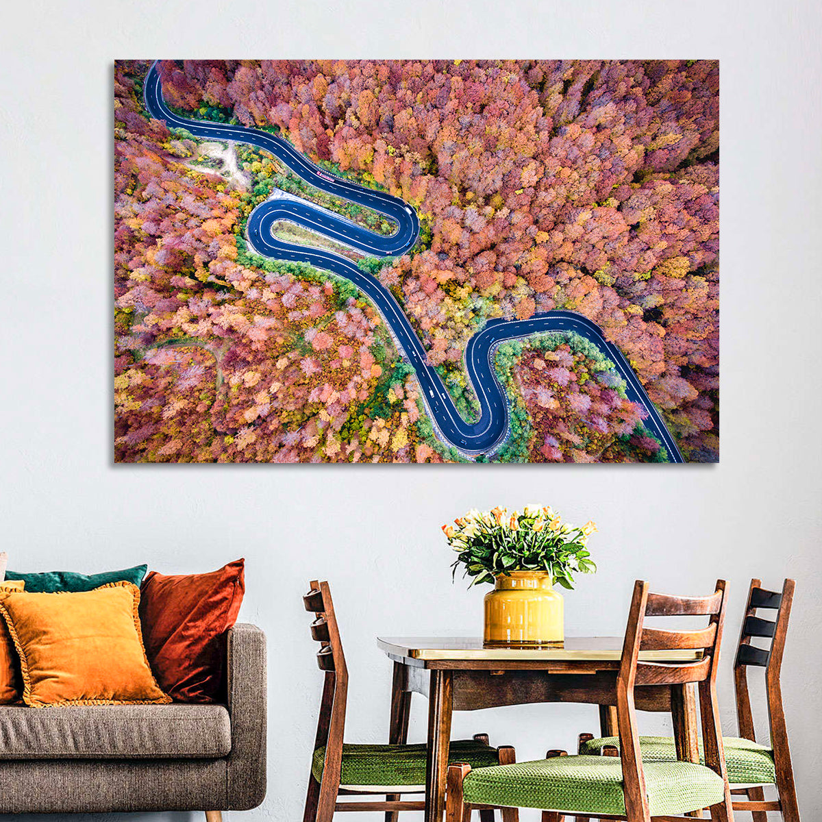 Serpentine Autumn Road Wall Art in a room, landscape