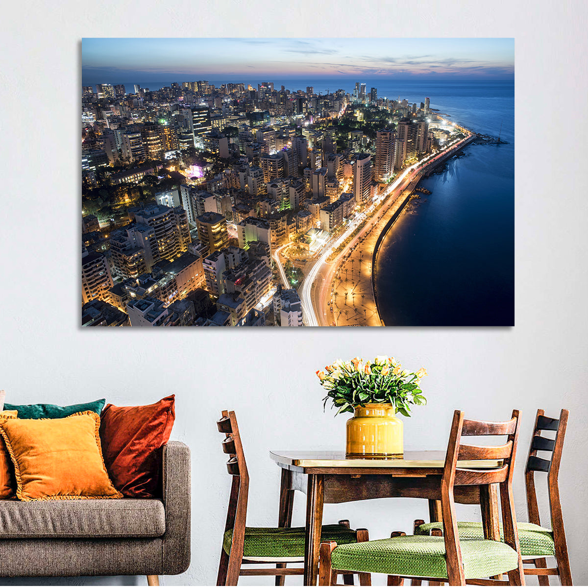 Beirut Corniche at Dusk Wall Art in a room, landscape