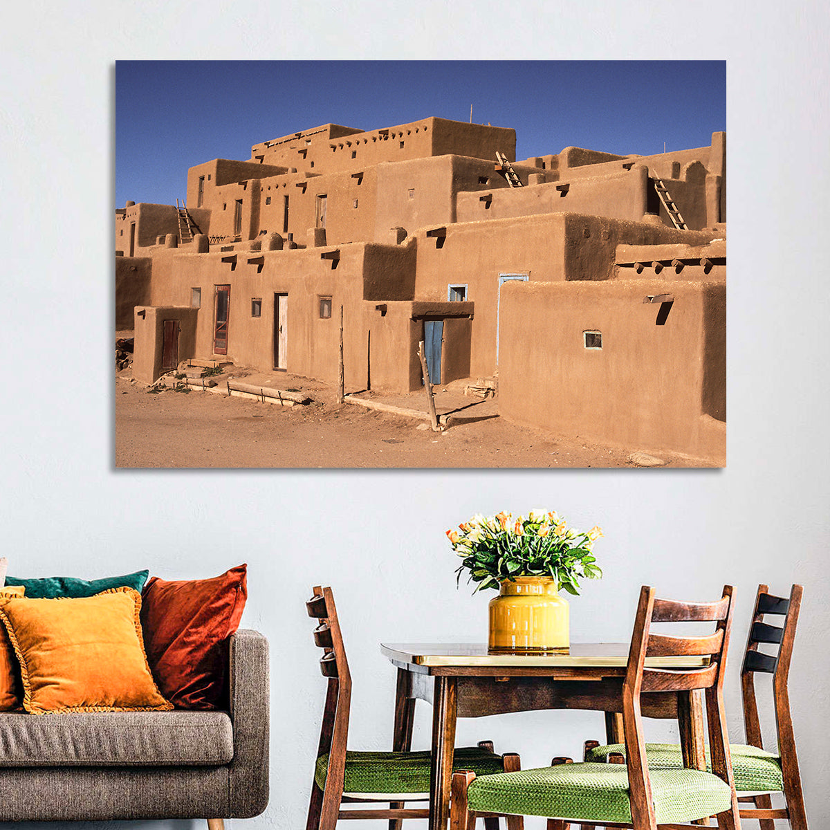 Taos Pueblo North House Wall Art in a room, landscape