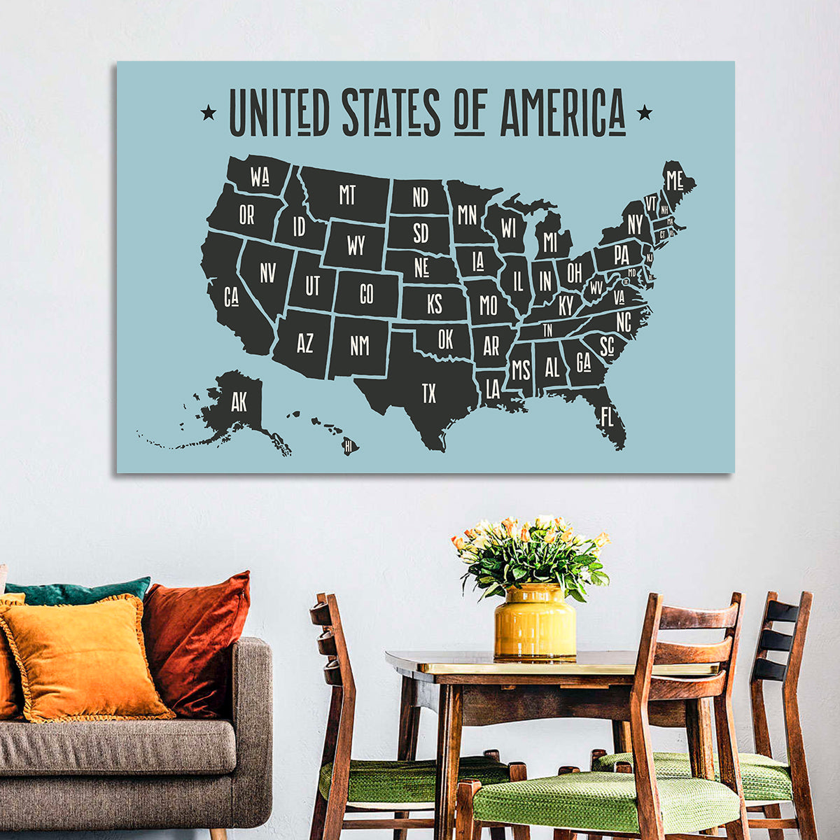 Minimalist USA Map with State Abbreviations Wall Art