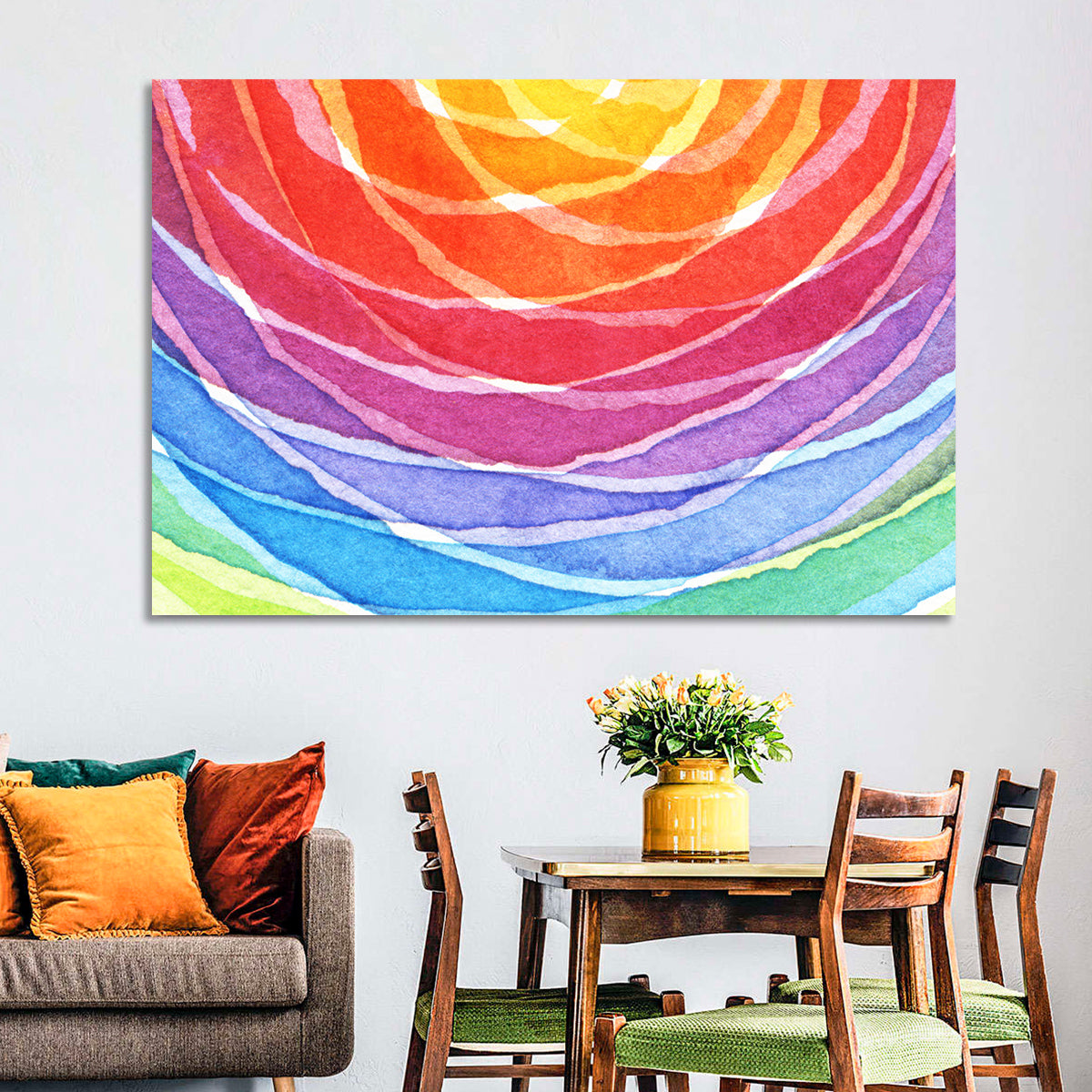 Radiant Rainbow Watercolor Arcs Wall Art in a room, landscape