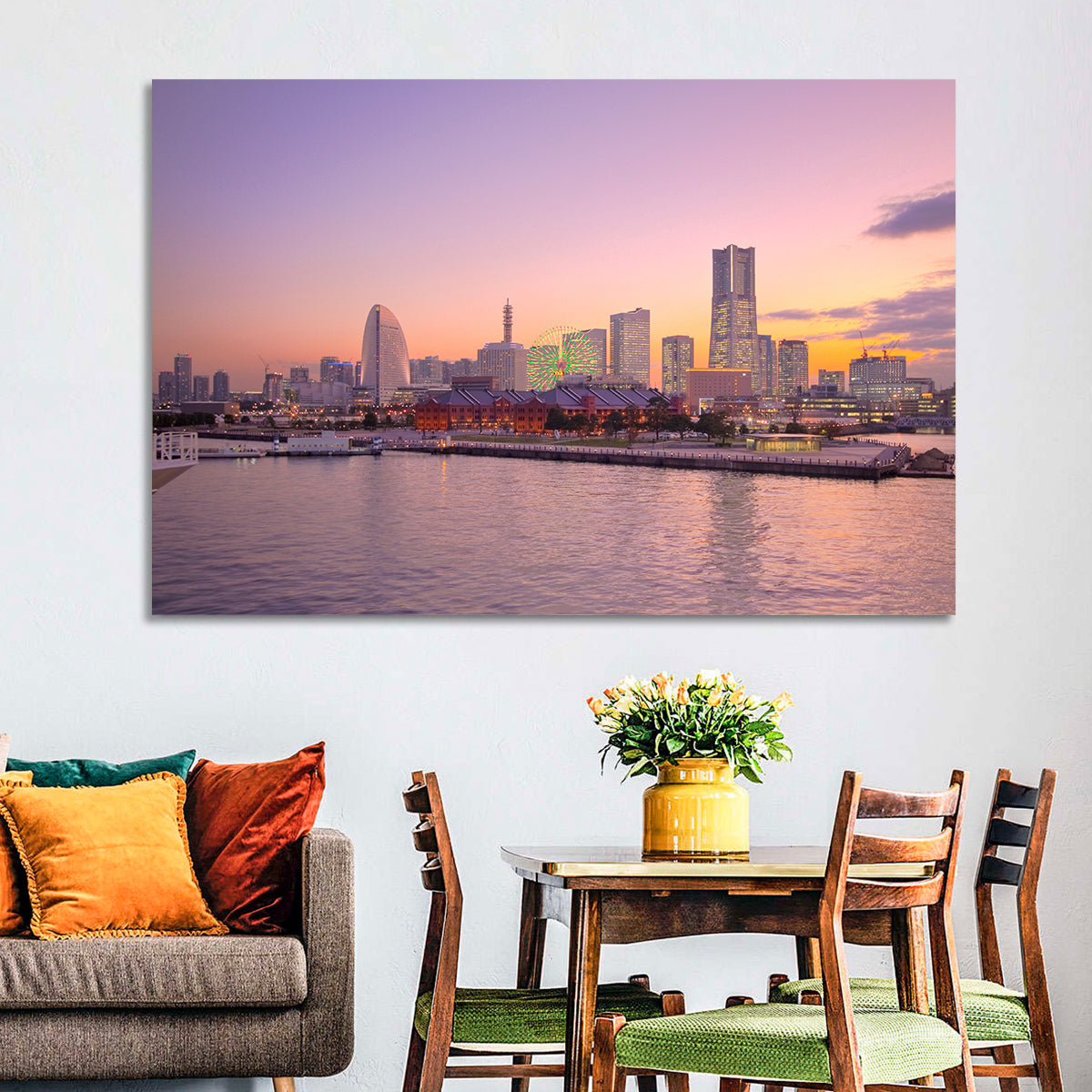 Yokohama Harbor Twilight Wall Art in a room, landscape