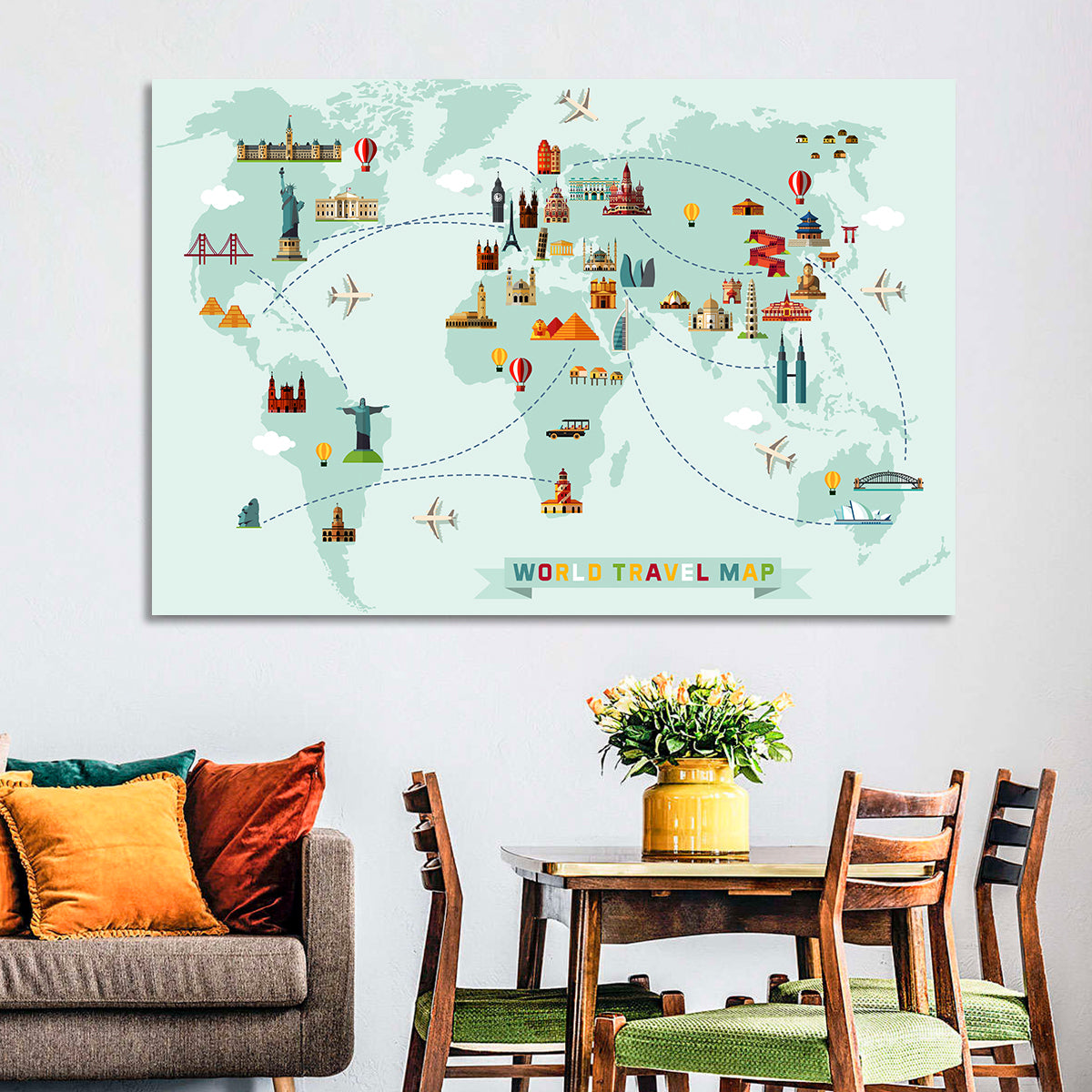 World Travel Map Illustration Wall Art in a room, landscape