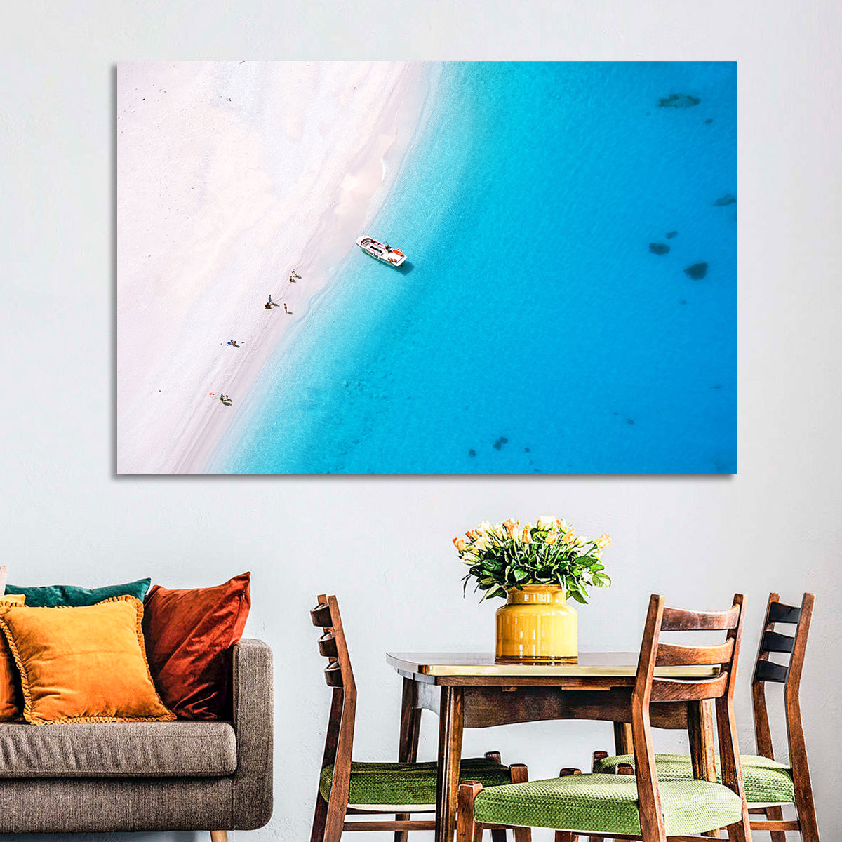 Aerial Beach Bay with White Boat Wall Art in a room, landscape