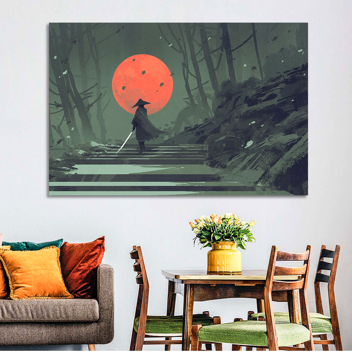 Samurai Under Red Moon Wall Art in a room, landscape