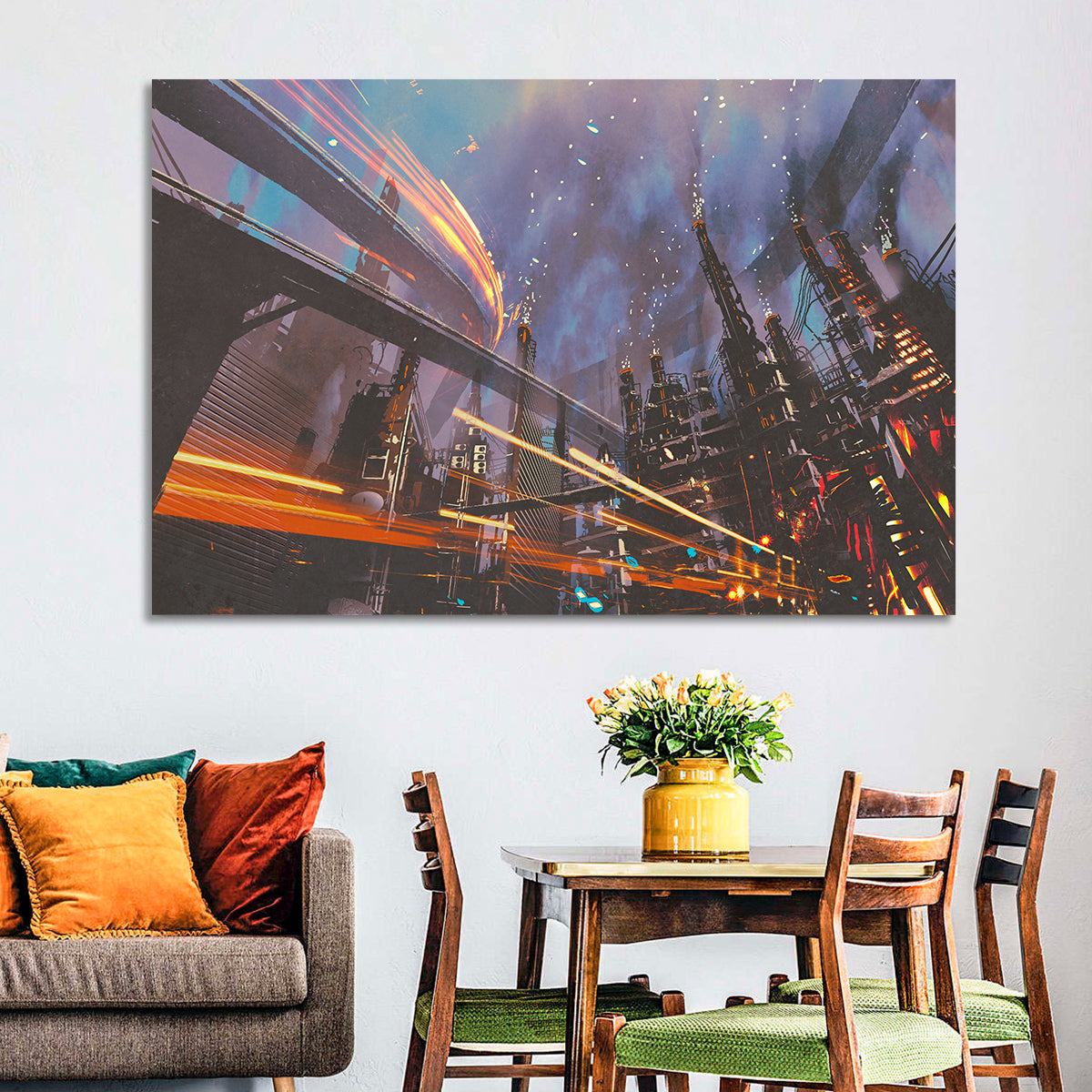 Futuristic Industrial Cityscape Wall Art in a room, landscape
