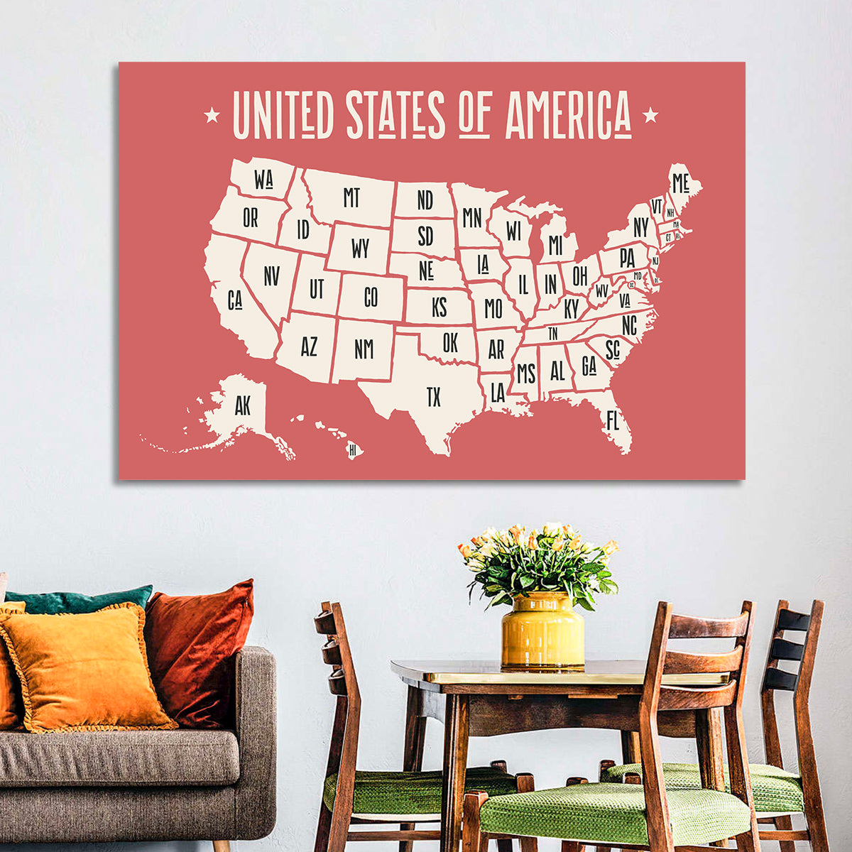 United States Map with State Abbreviations Wall Art in a room, landscape