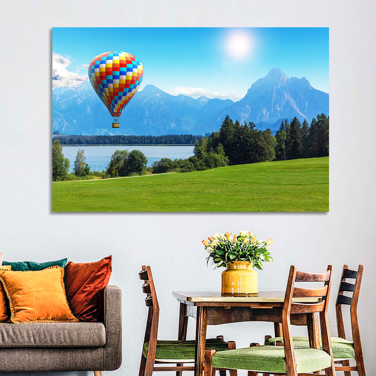 Bavarian Lake with Hot Air Balloon Wall Art in a room, landscape