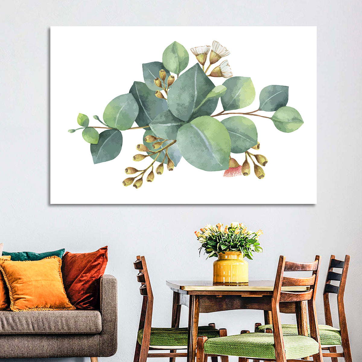 Eucalyptus Leaves with Pink Blossom Wall Art in a room, landscape