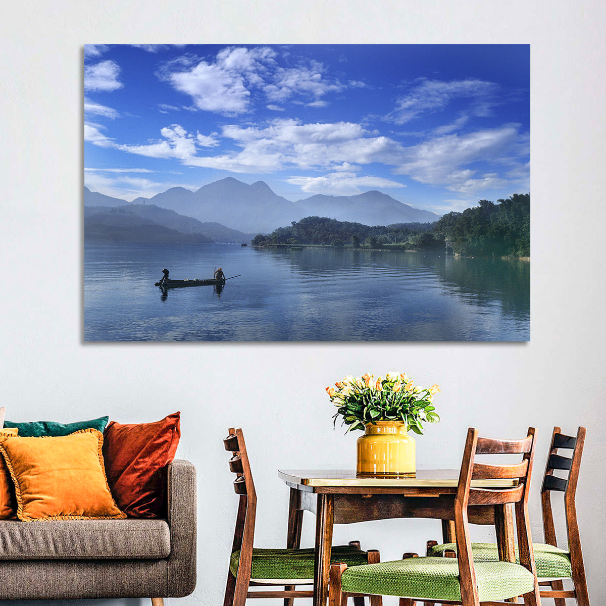 Sun Moon Lake Morning Mist Wall Art in a room, landscape