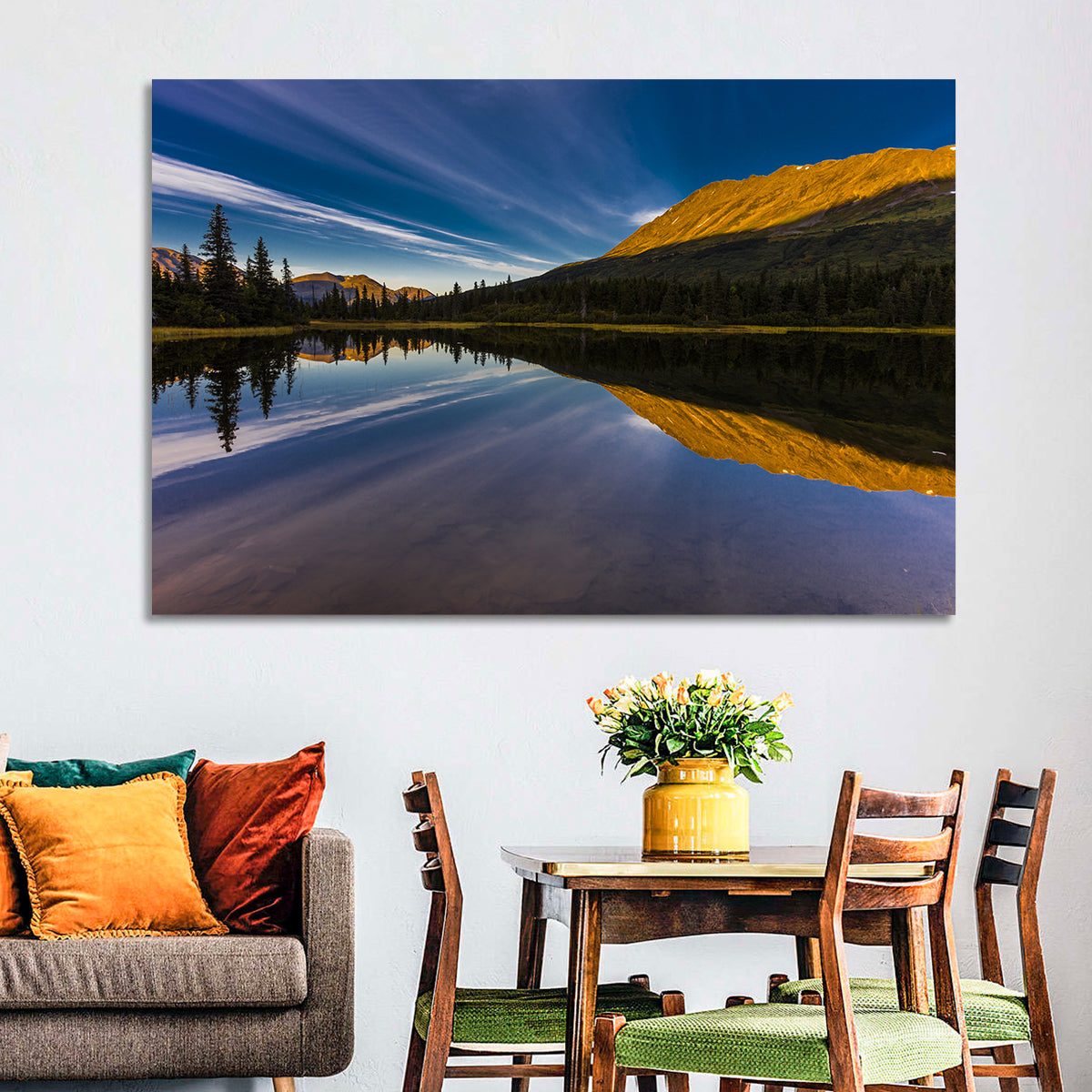Rainbow Lake at Golden Hour Wall Art in a room, landscape