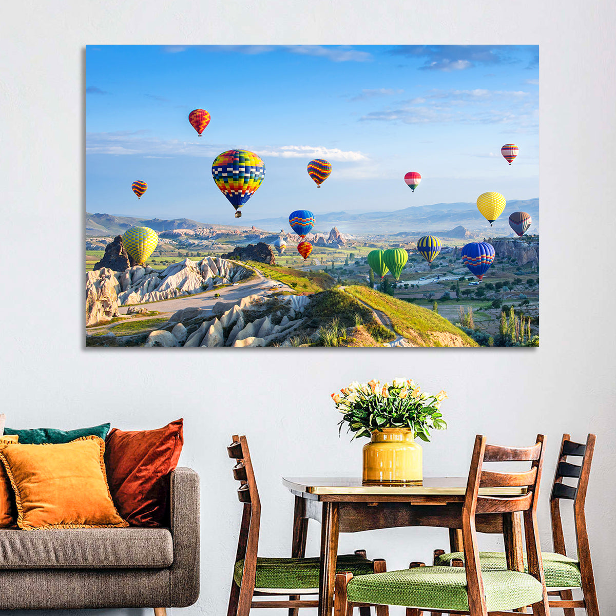 Cappadocia Hot Air Balloons Over Rock Valleys Wall Art in a room, landscape