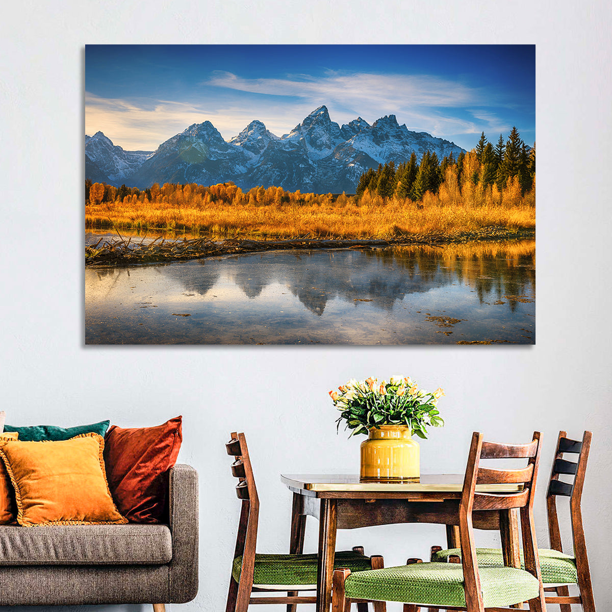 Grand Tetons Golden Reflection Wall Art in a room, landscape