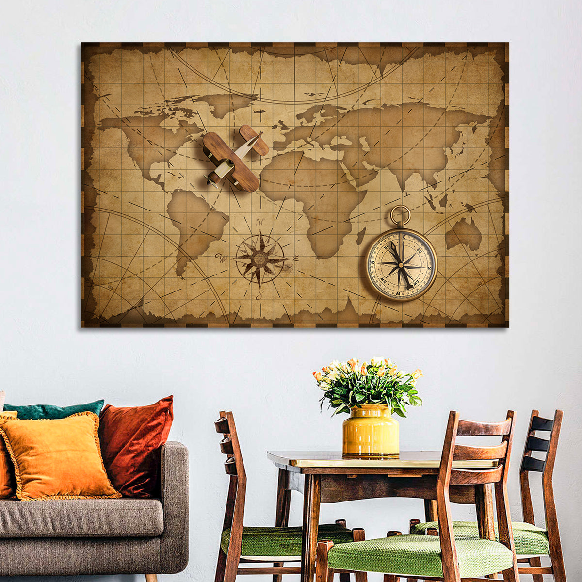 Retro Map with Biplane and Compass Wall Art