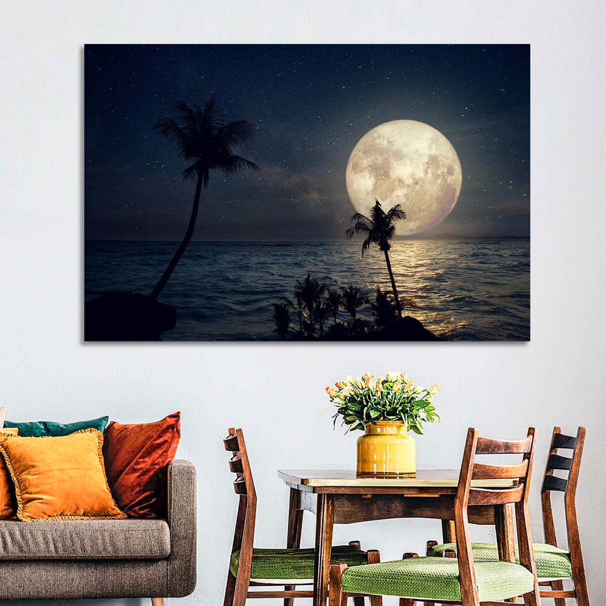 Supermoon Over Tropical Beach Wall Art in a room, landscape