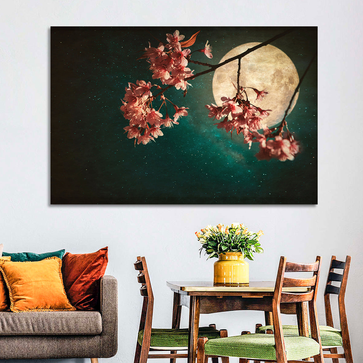 Moonlit Sakura Blossoms Wall Art in a room, landscape