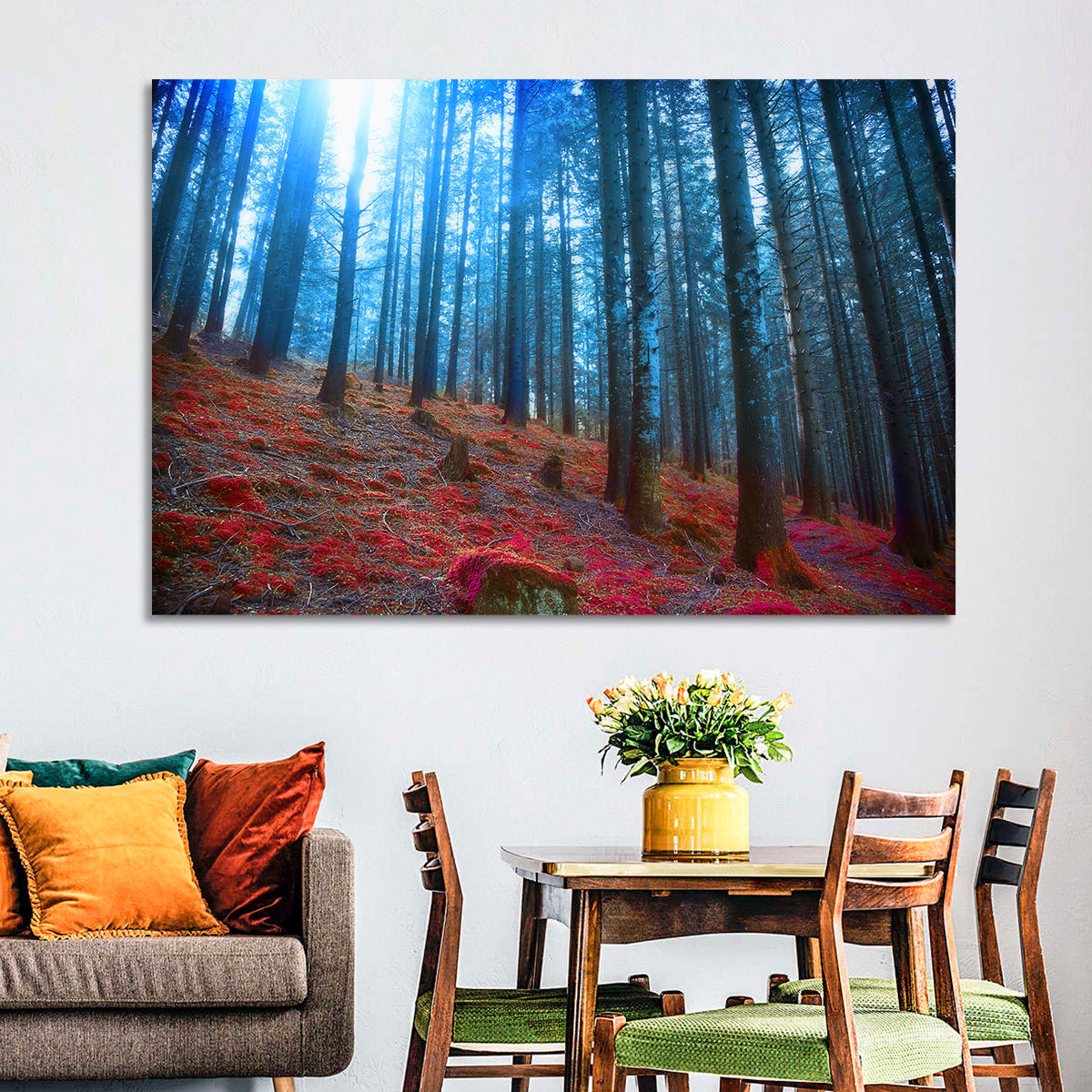 Enchanted Red Moss Forest Wall Art in a room, landscape