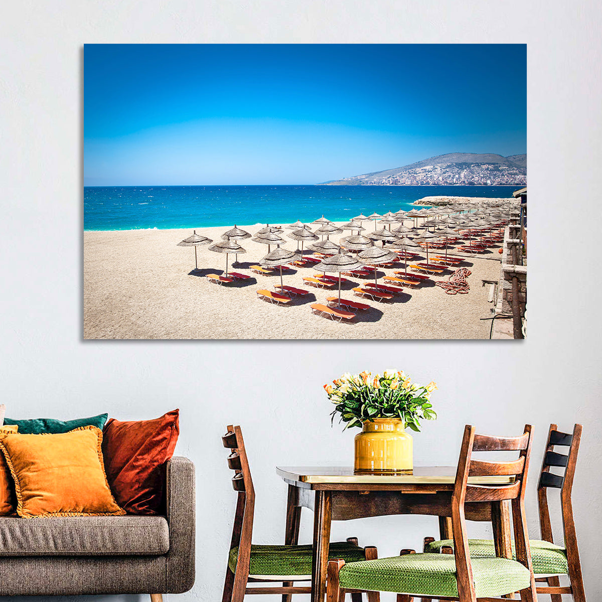 Mango Beach Umbrellas Wall Art in a room, landscape