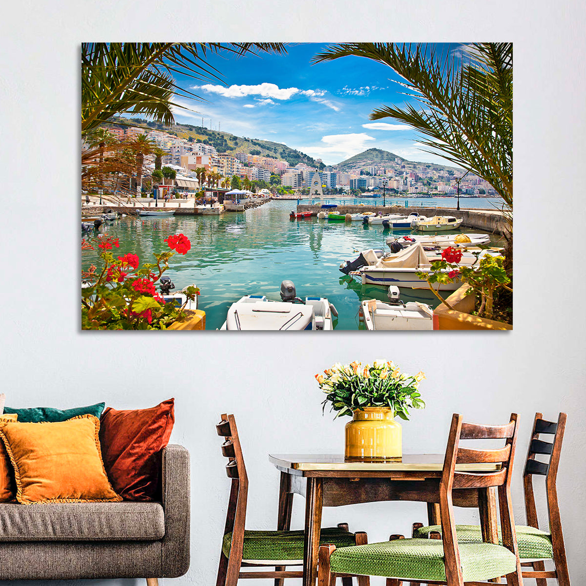 Saranda Harbor View Wall Art in a room, landscape