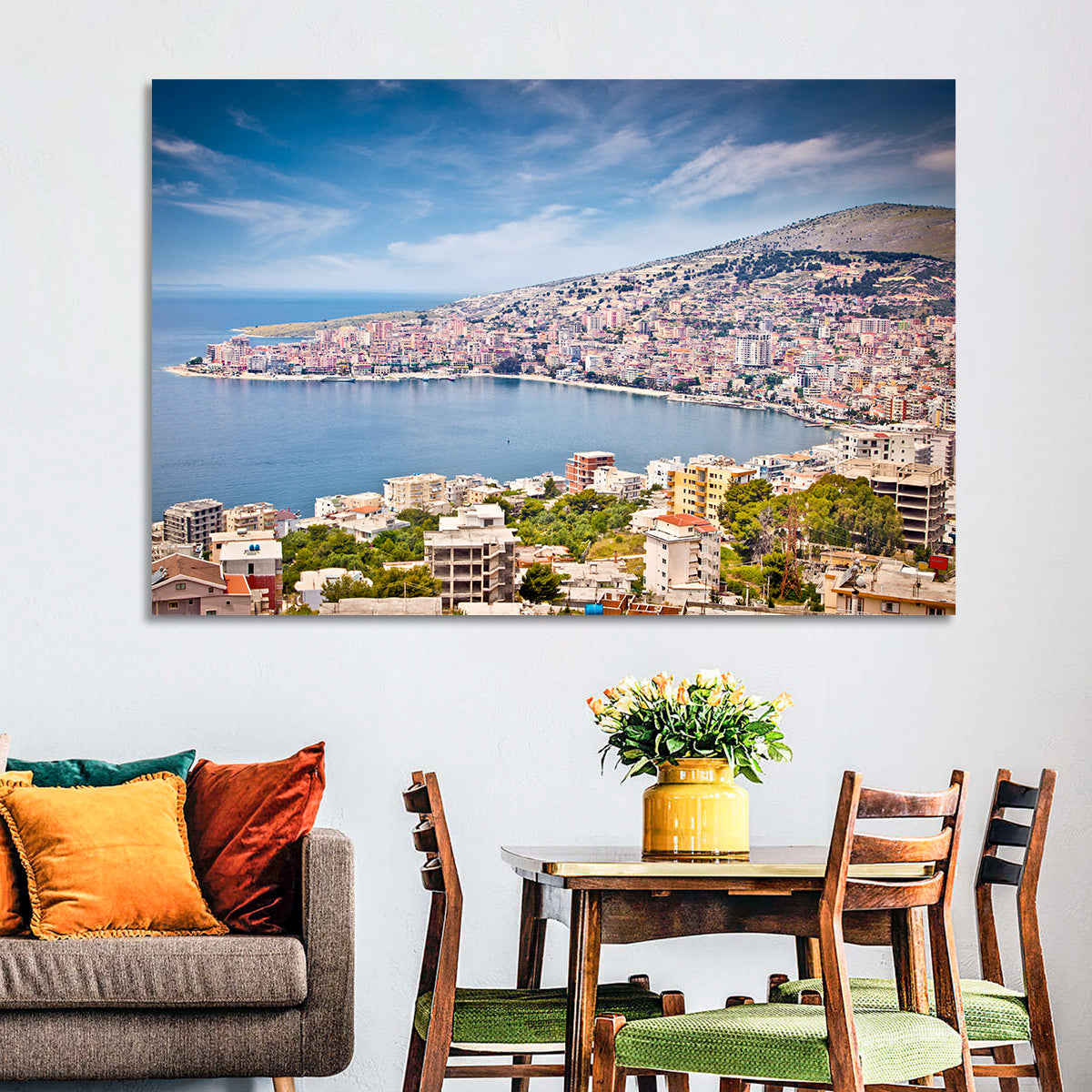 Saranda Bay Cityscape Wall Art in a room, landscape