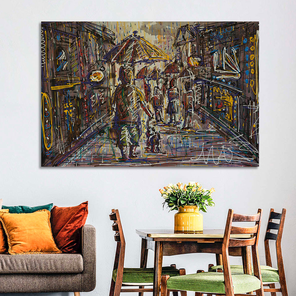 Rainy City Street Wall Art in a room, landscape