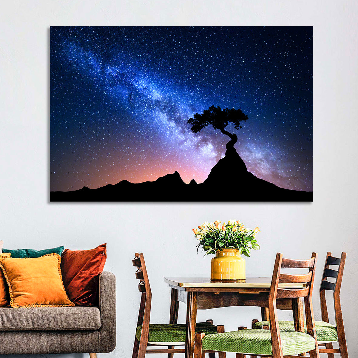 Milky Way Over Mountain Ridge Wall Art in a room, landscape