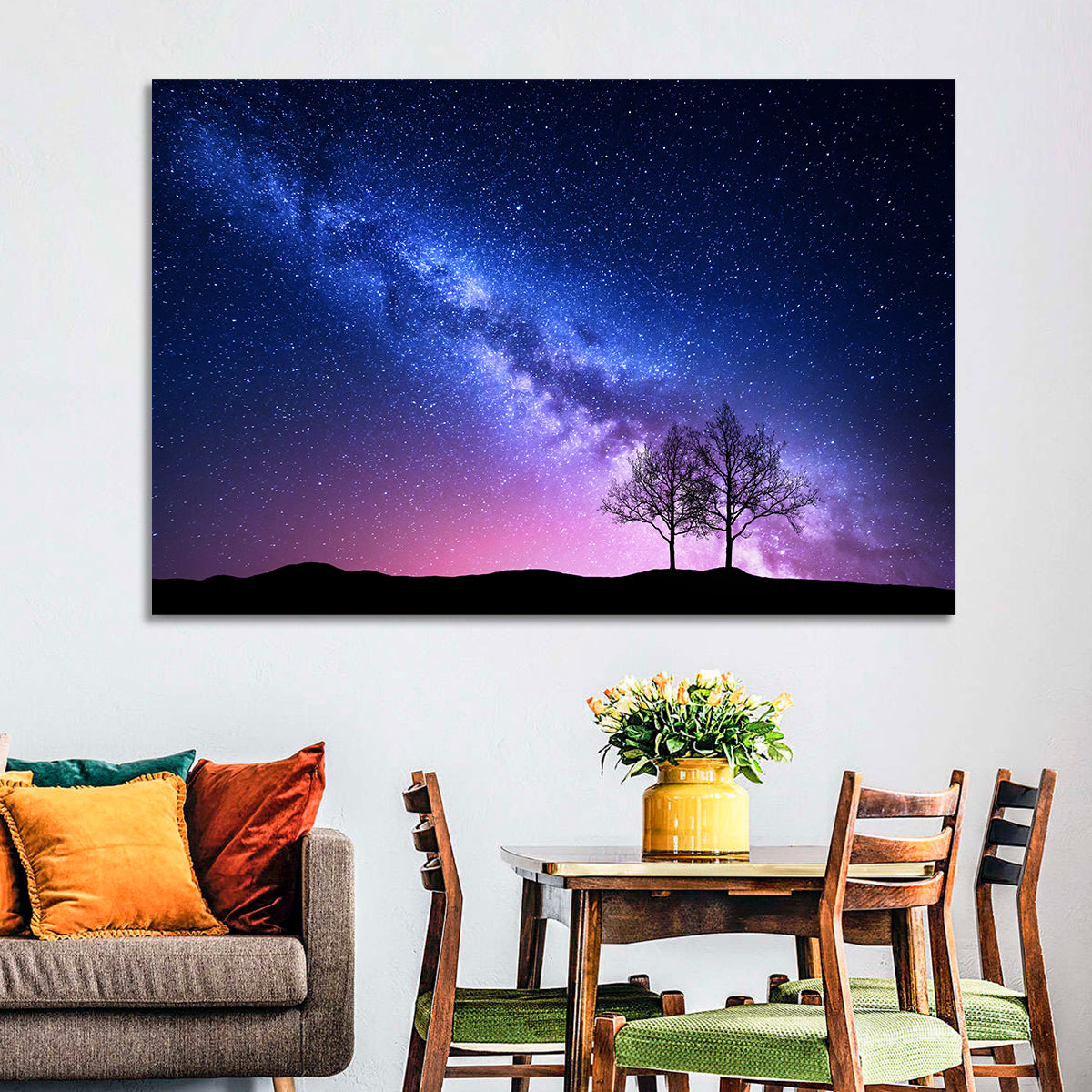 Milky Way Nebula Sky with Silhouetted Trees Wall Art in a room, landscape