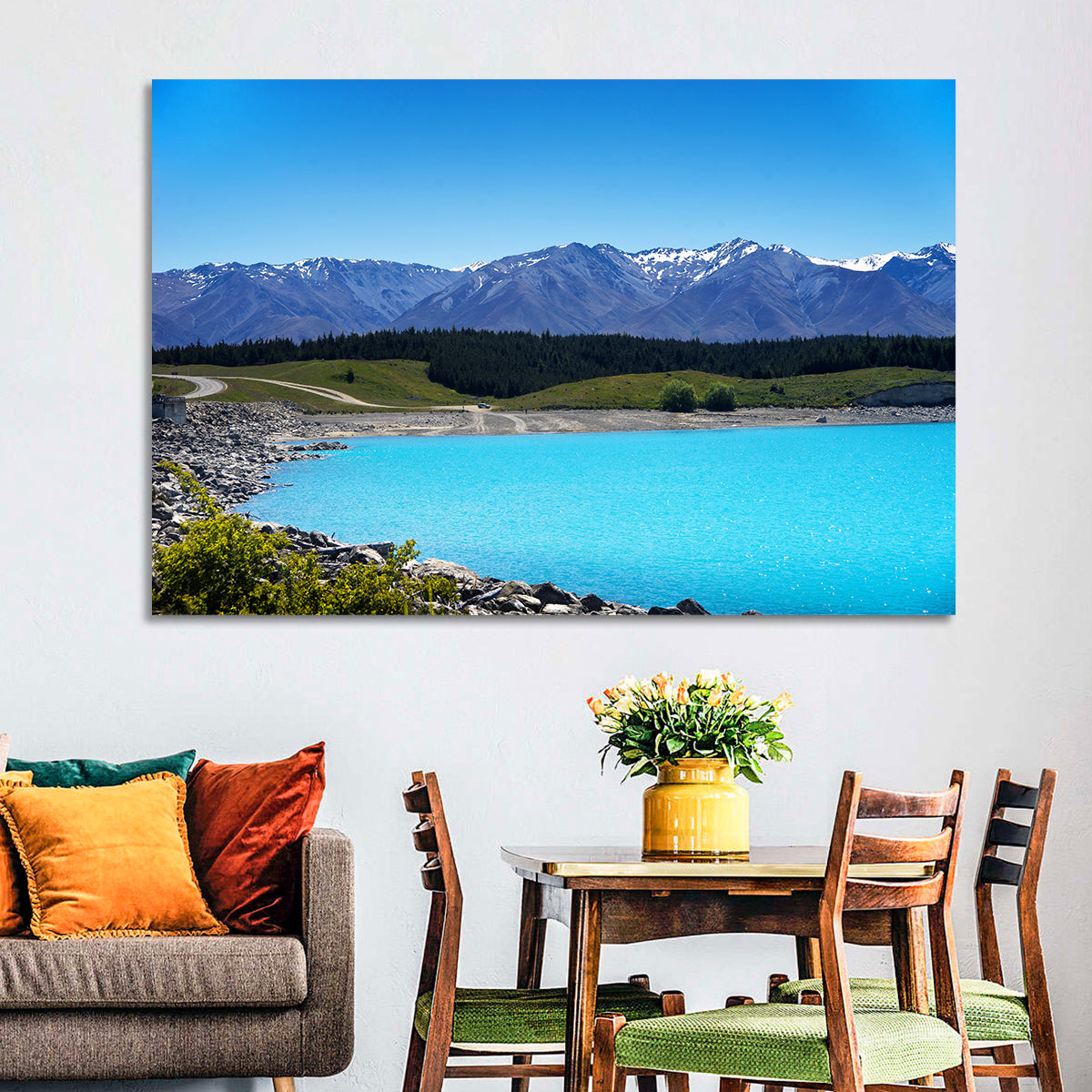 Lake Pukaki Turquoise View Wall Art in a room, landscape