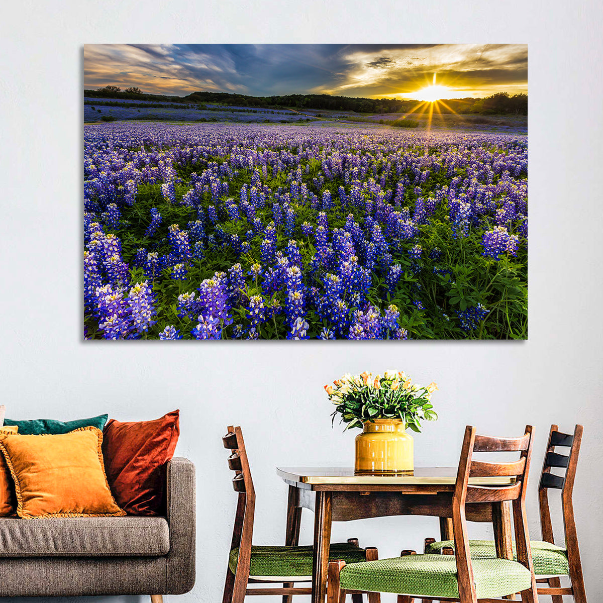 Texas Bluebonnet Field at Sunset Wall Art in a room, landscape