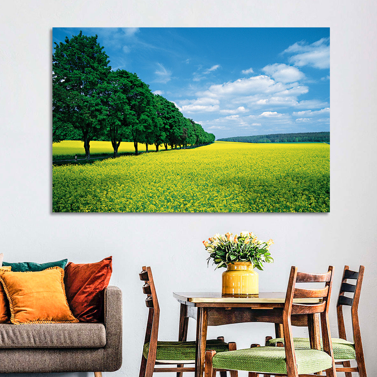 Spring Field of Yellow Flowers Wall Art in a room, landscape