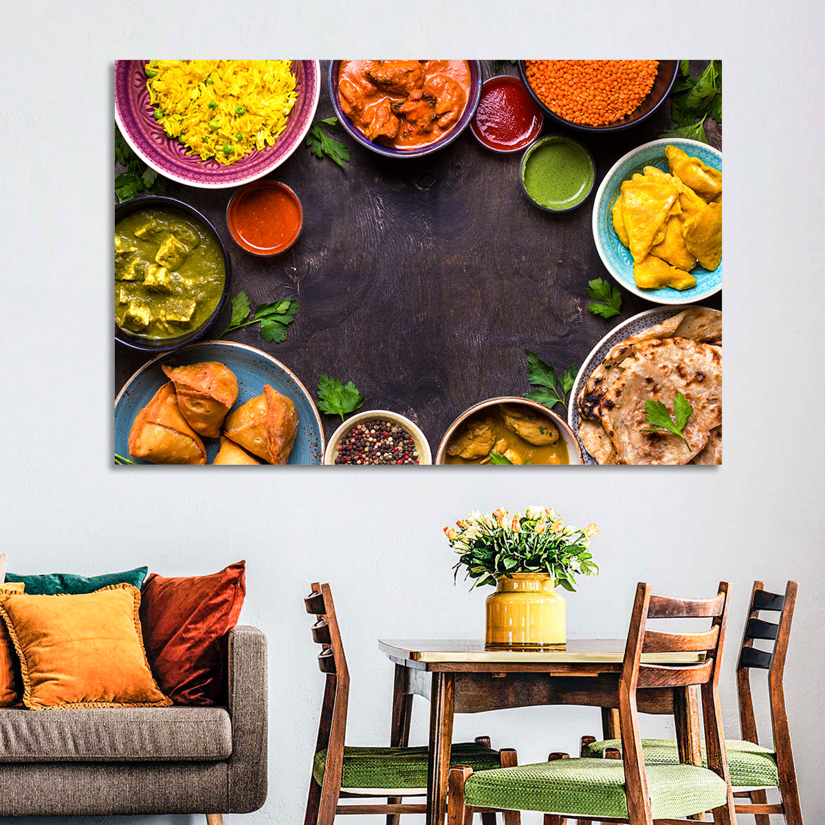 Indian Feast Flat-lay Wall Art in a room, landscape