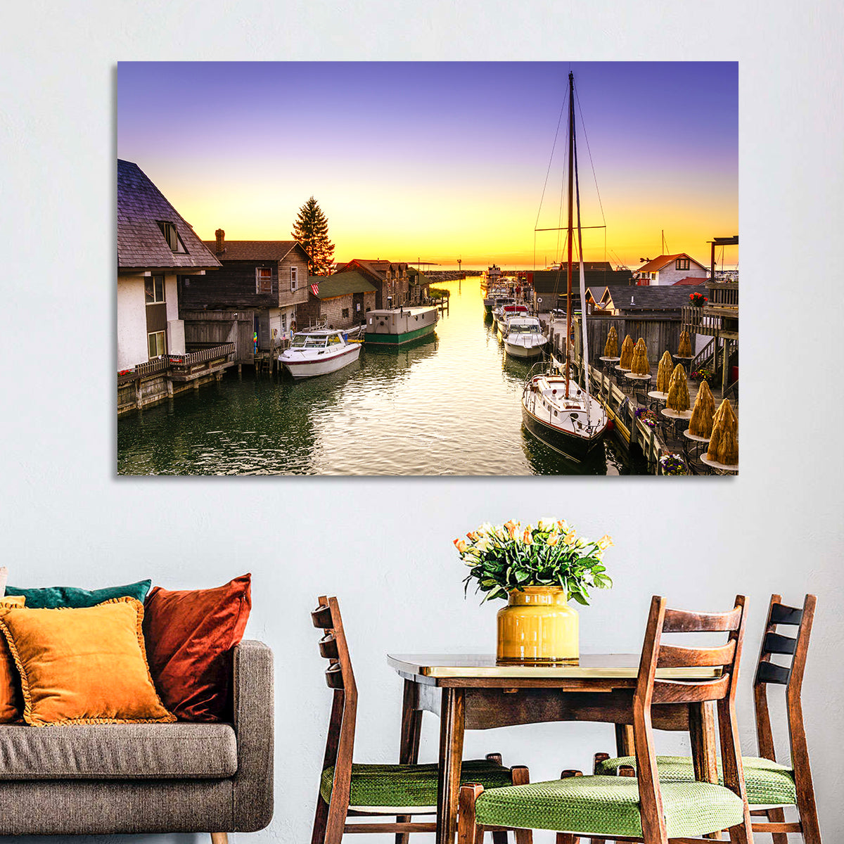 Leland Fishtown Sunset Wall Art in a room, landscape