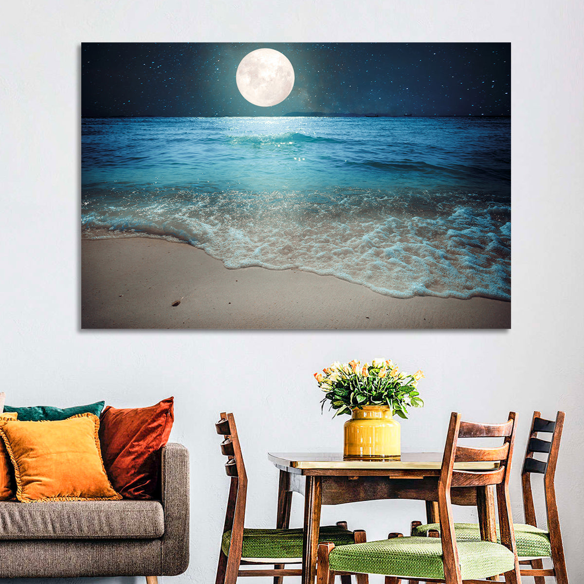 Full Moon Over Beach Wall Art in a room, landscape