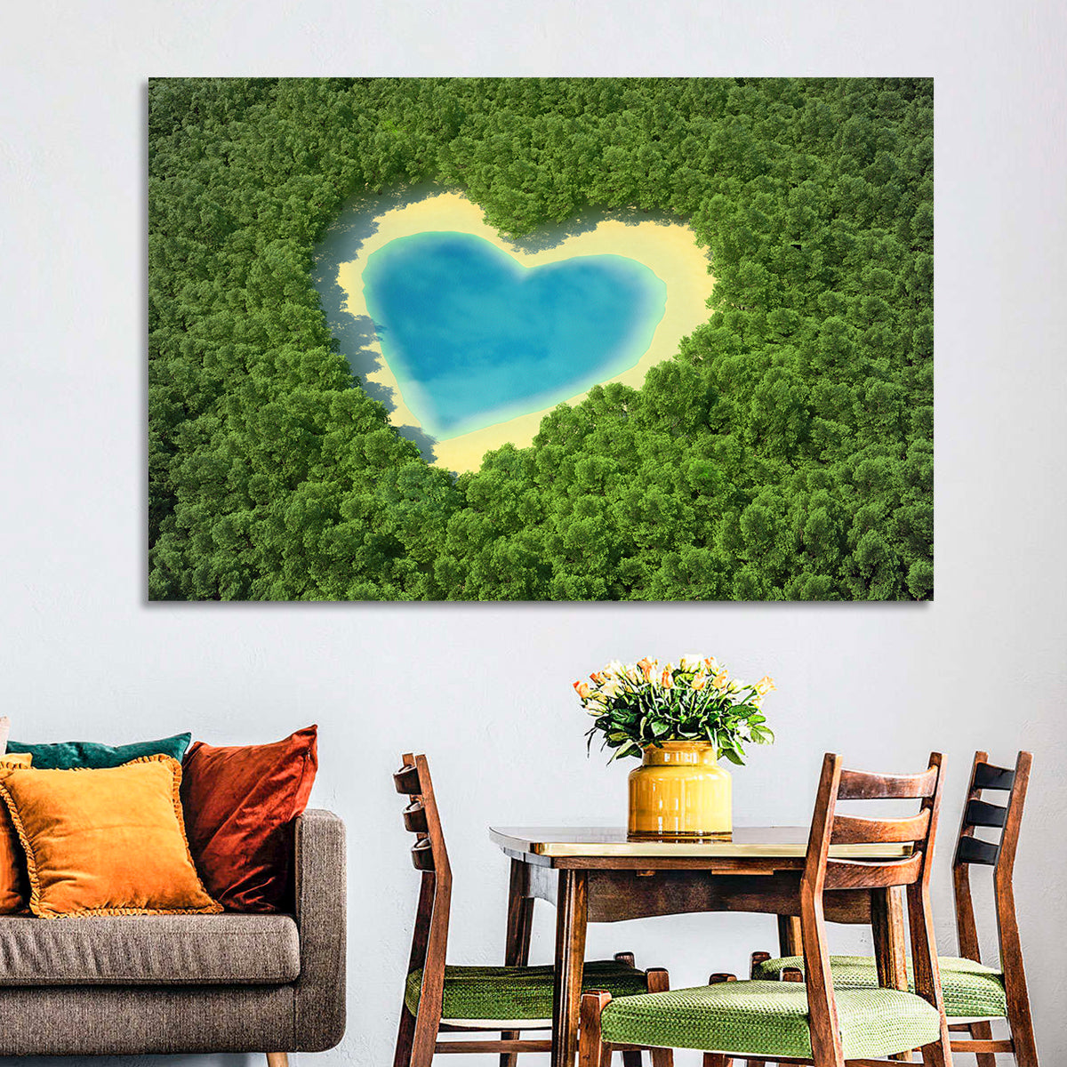 Heart-shaped Pond Aerial View Wall Art in a room, landscape