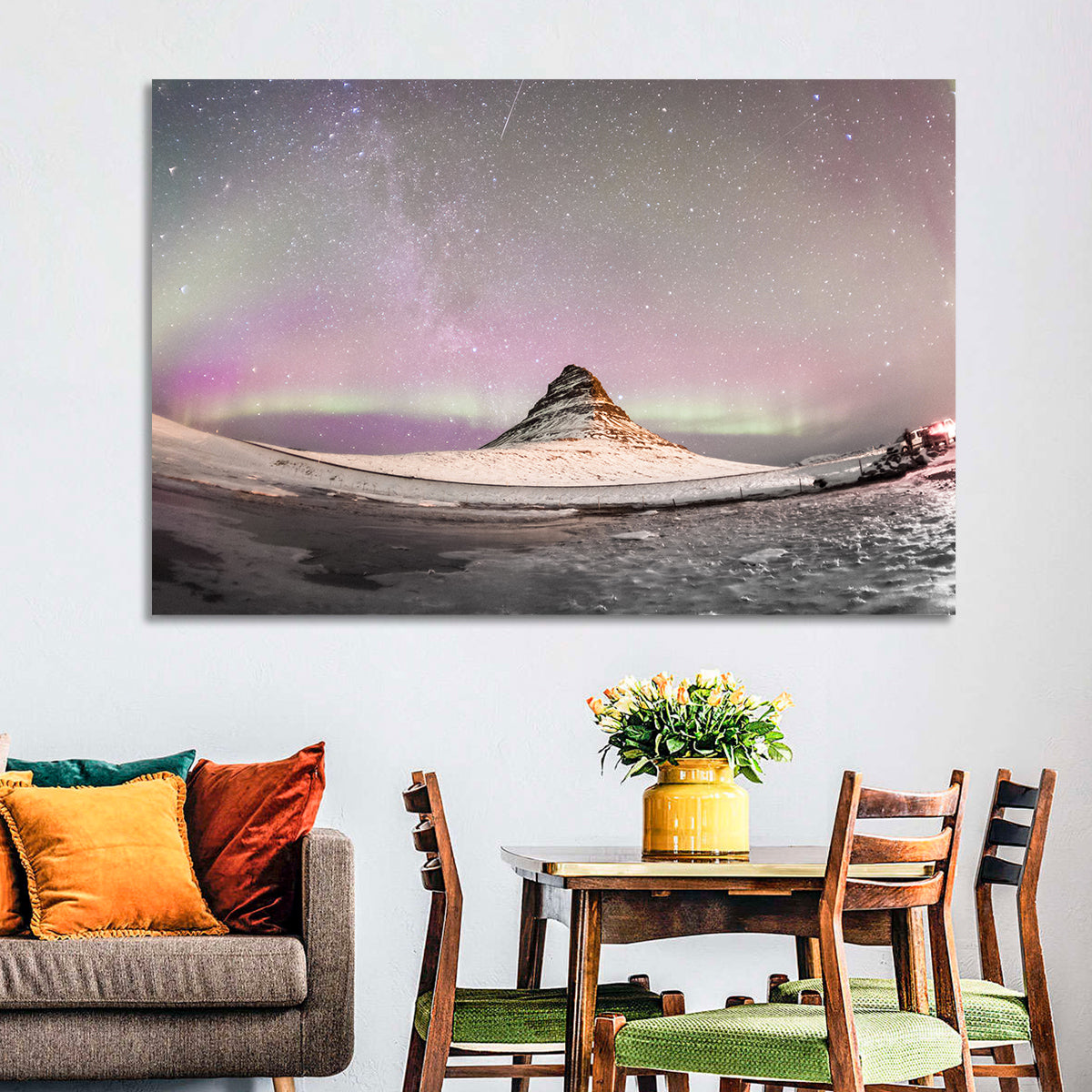Aurora Over Kirkjufell Wall Art in a room, landscape
