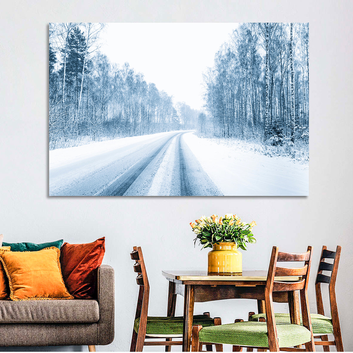 Tire Tracks on Snowy Road Wall Art in a room, landscape