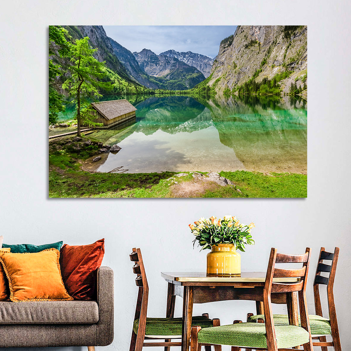 Obersee Boathouse Reflection Wall Art in a room, landscape