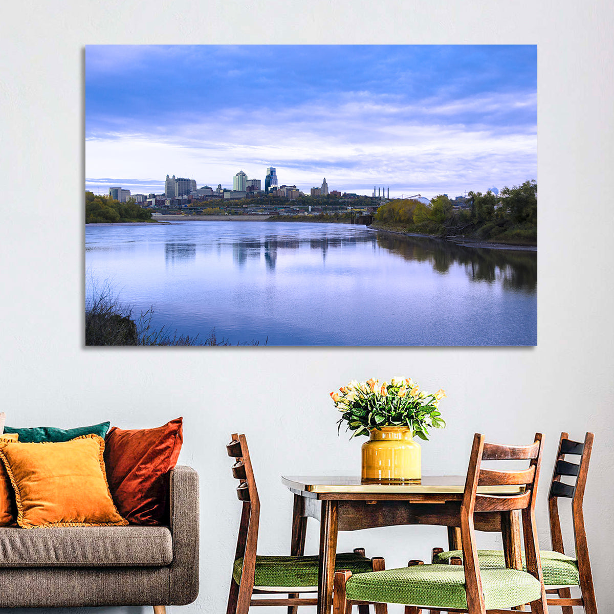 Kansas City Skyline at Dusk Wall Art in a room, landscape
