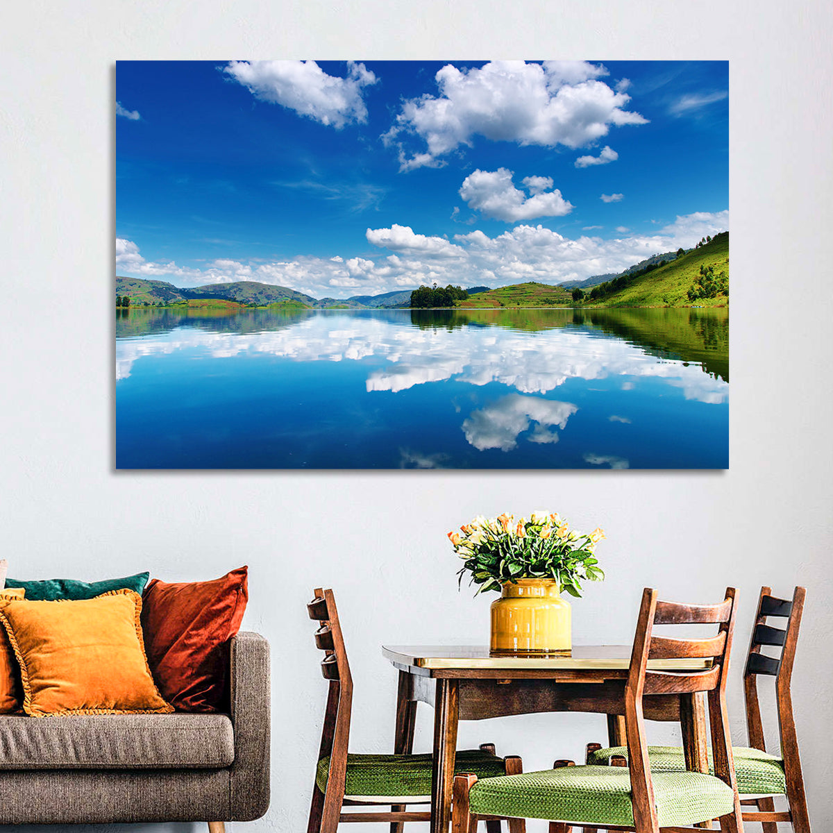 Bunyonyi Lake Reflection Wall Art in a room, landscape