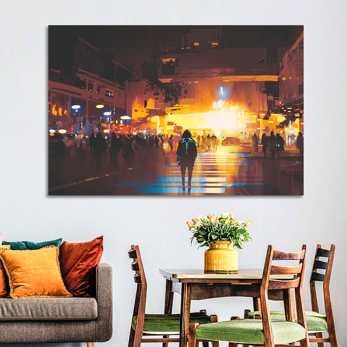 Futuristic Neon Cityscape Wall Art in a room, landscape
