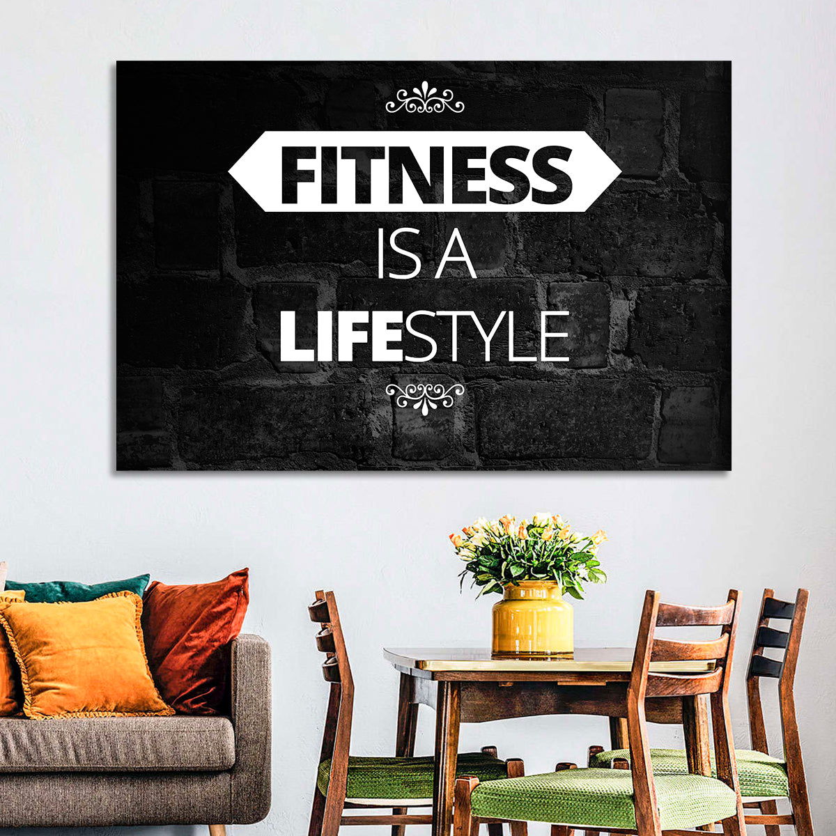 Fitness Is a Lifestyle Brick Quote Wall Art in a room, landscape