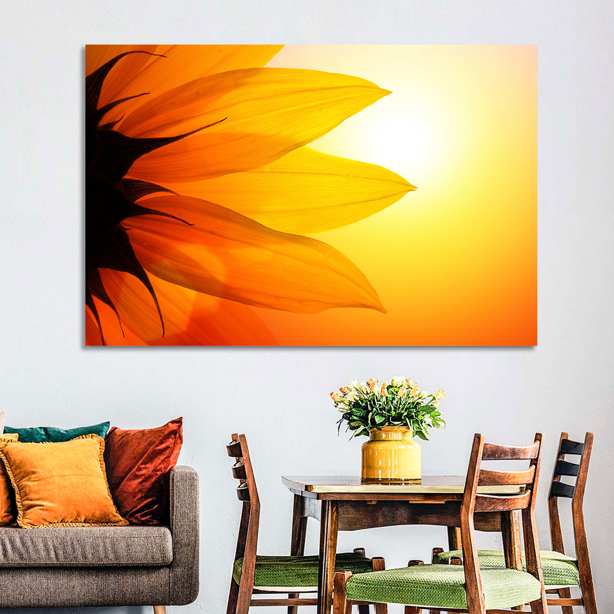 Backlit Sunflower Petals Wall Art in a room, landscape