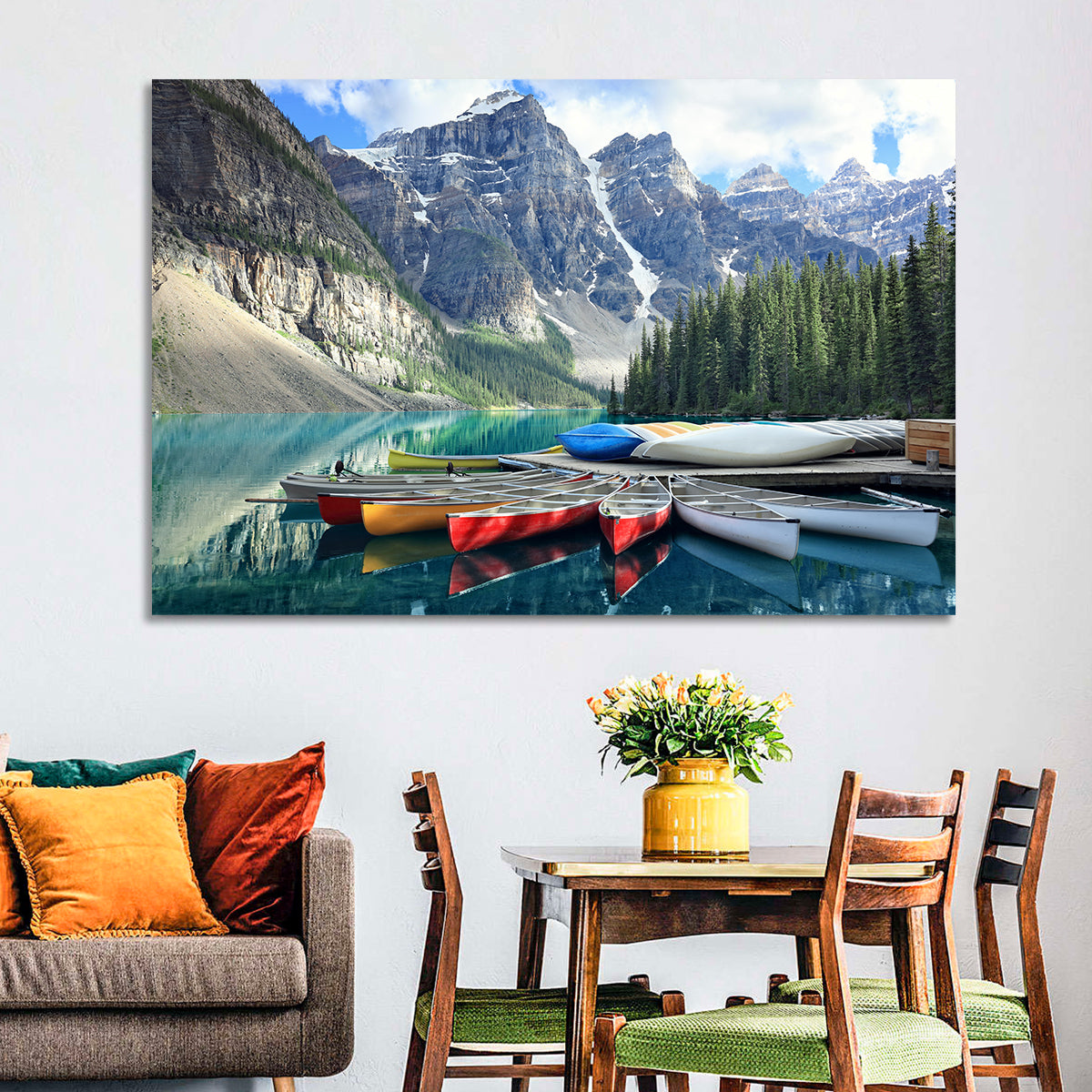 Moraine Lake Canoes at Lake Louise Wall Art in a room, landscape