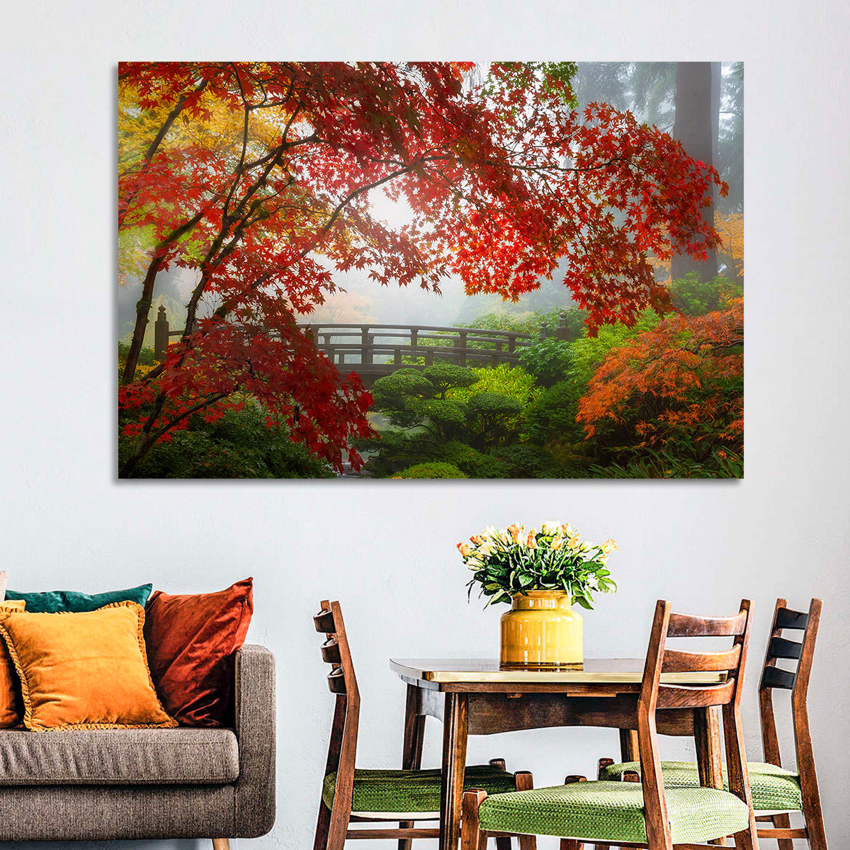 Portland Moon Bridge in Autumn Mist Wall Art in a room, landscape